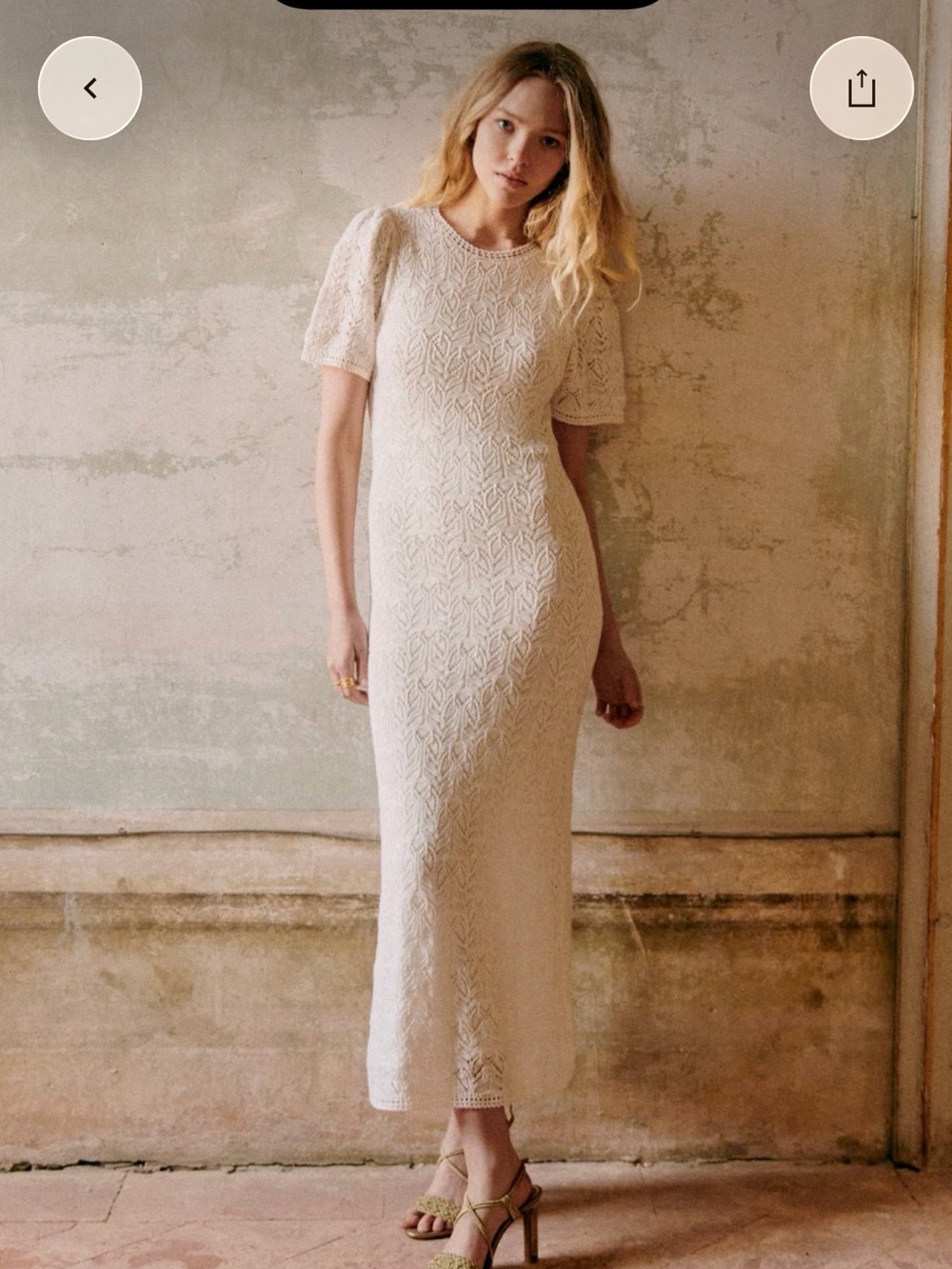 Sezane Cream Lace Maxi Dress with Short Puff Sleeves